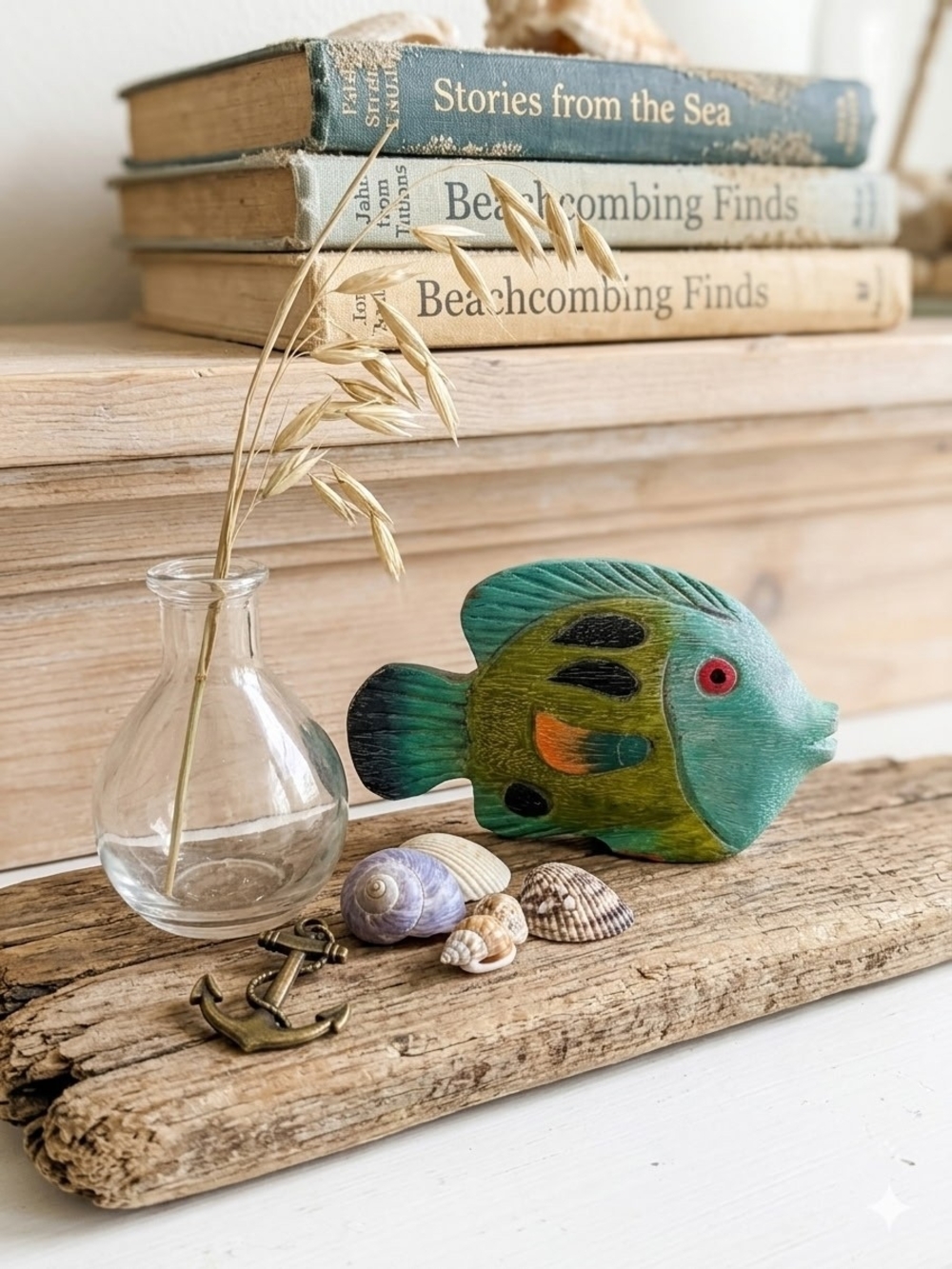 Hand Painted Wooden Fish Coastal Decor Teal Green Nautical Beach House 4"